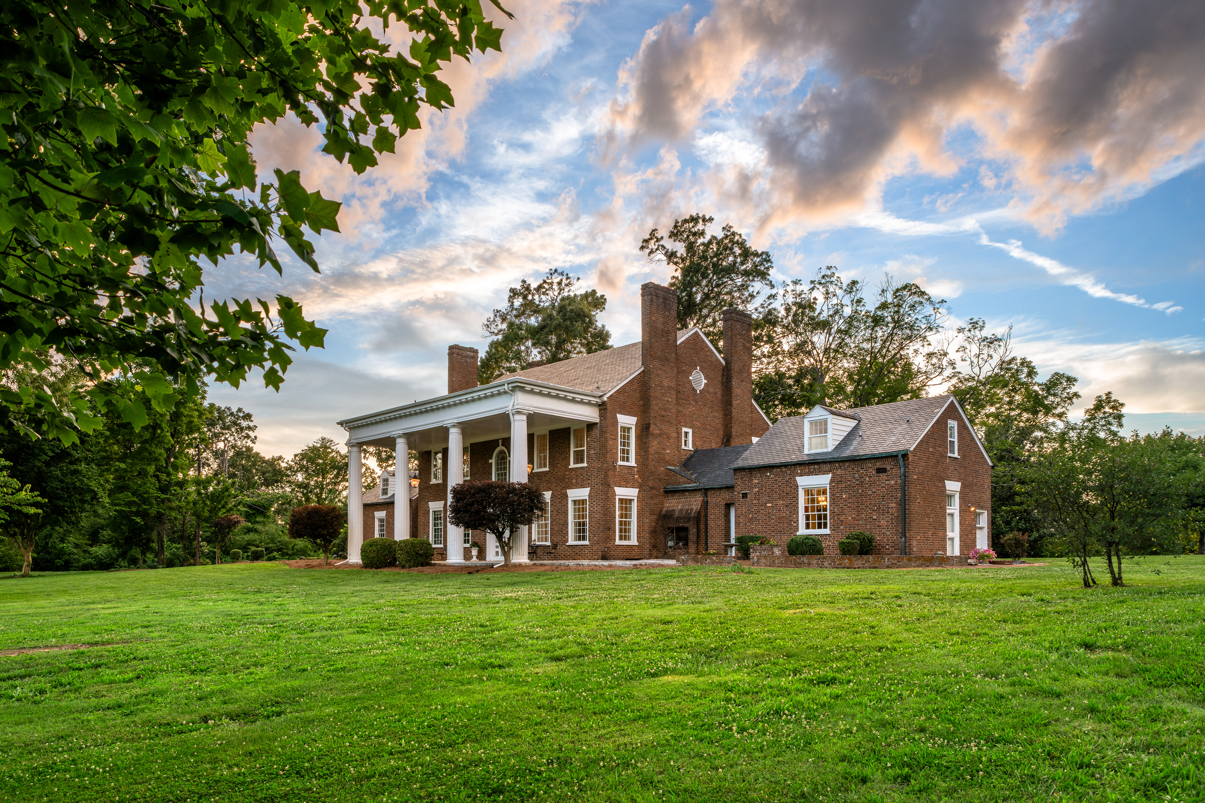The front elevation at sunset