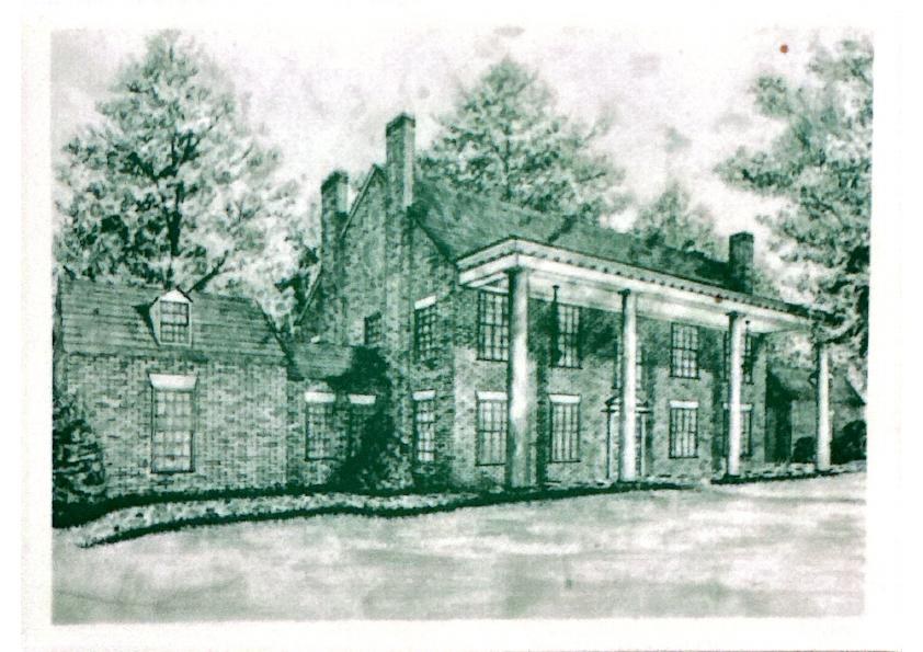 An early rendering of the manor — green wash on paper